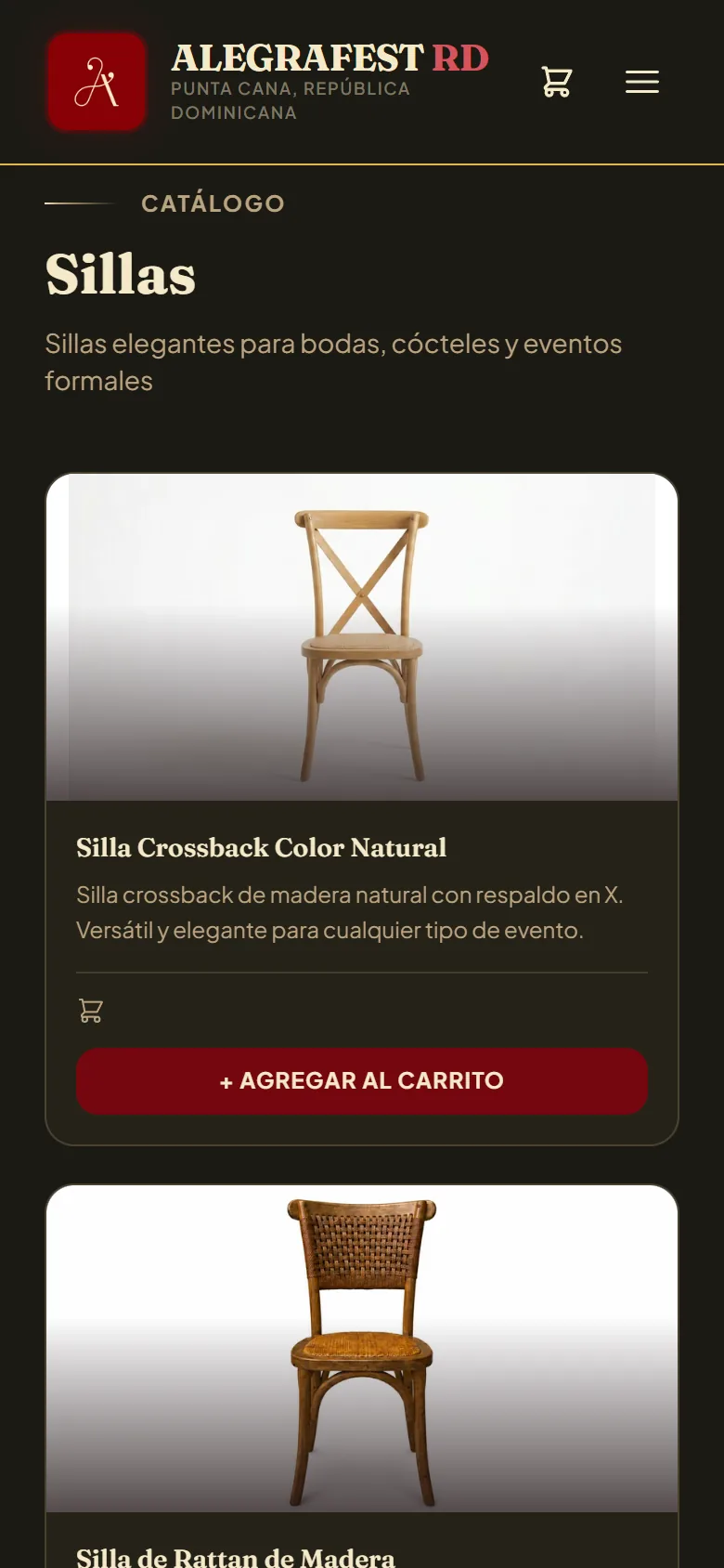 Catálogo de AlegraFest en un celular: la silla Crossback con su foto, su descripción y el botón para agregarla al pedido